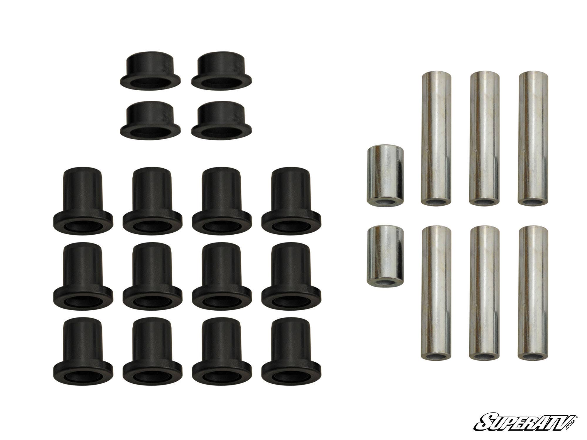 The image displays 16 black cylindrical bushings and 8 silver metal sleeves for Polaris RZR XP Turbo A-Arm Bushings, arranged in rows by size on a white background. The SuperATV logo is visible at the bottom right corner.