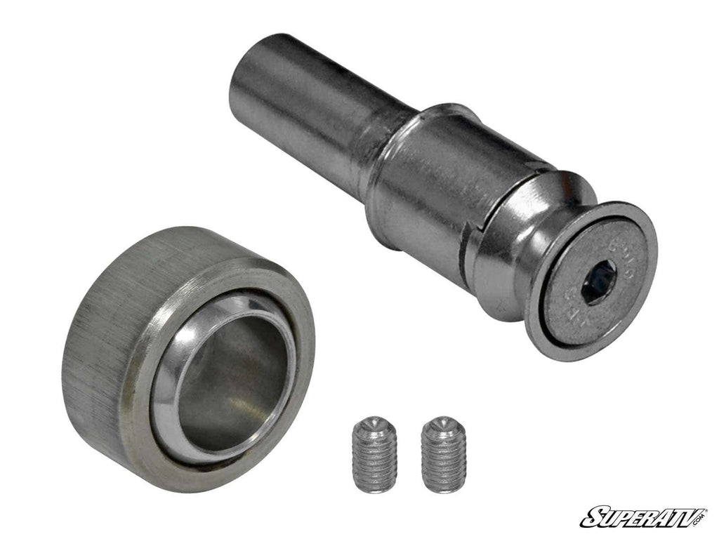 A Polaris Replacement Uniball kit with a cylindrical shaft, round bearing, and two set screws sits on a white background. The clean, silver parts have an industrial look. The “SuperATV” logo is visible in the bottom right corner.