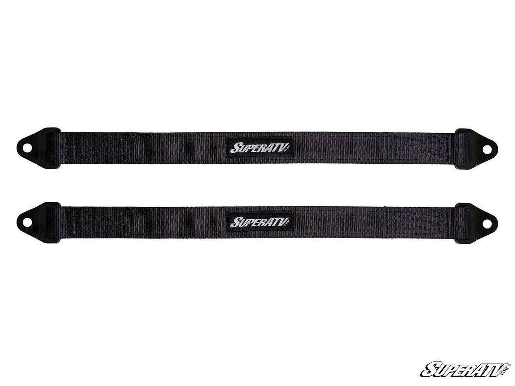 Two black Polaris RZR XP 1000 Limit Straps with reinforced ends and triangular mounting holes, featuring a white SuperATV logo at the center. Both straps are shown horizontally on a white background with the SuperATV logo in the bottom right.