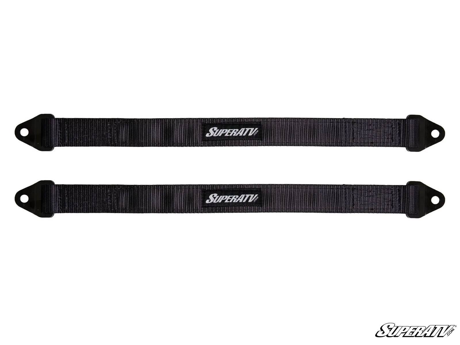 Two black Polaris RZR XP 1000 Limit Straps with reinforced ends and triangular mounting holes, featuring a white SuperATV logo at the center. Both straps are shown horizontally on a white background with the SuperATV logo in the bottom right.