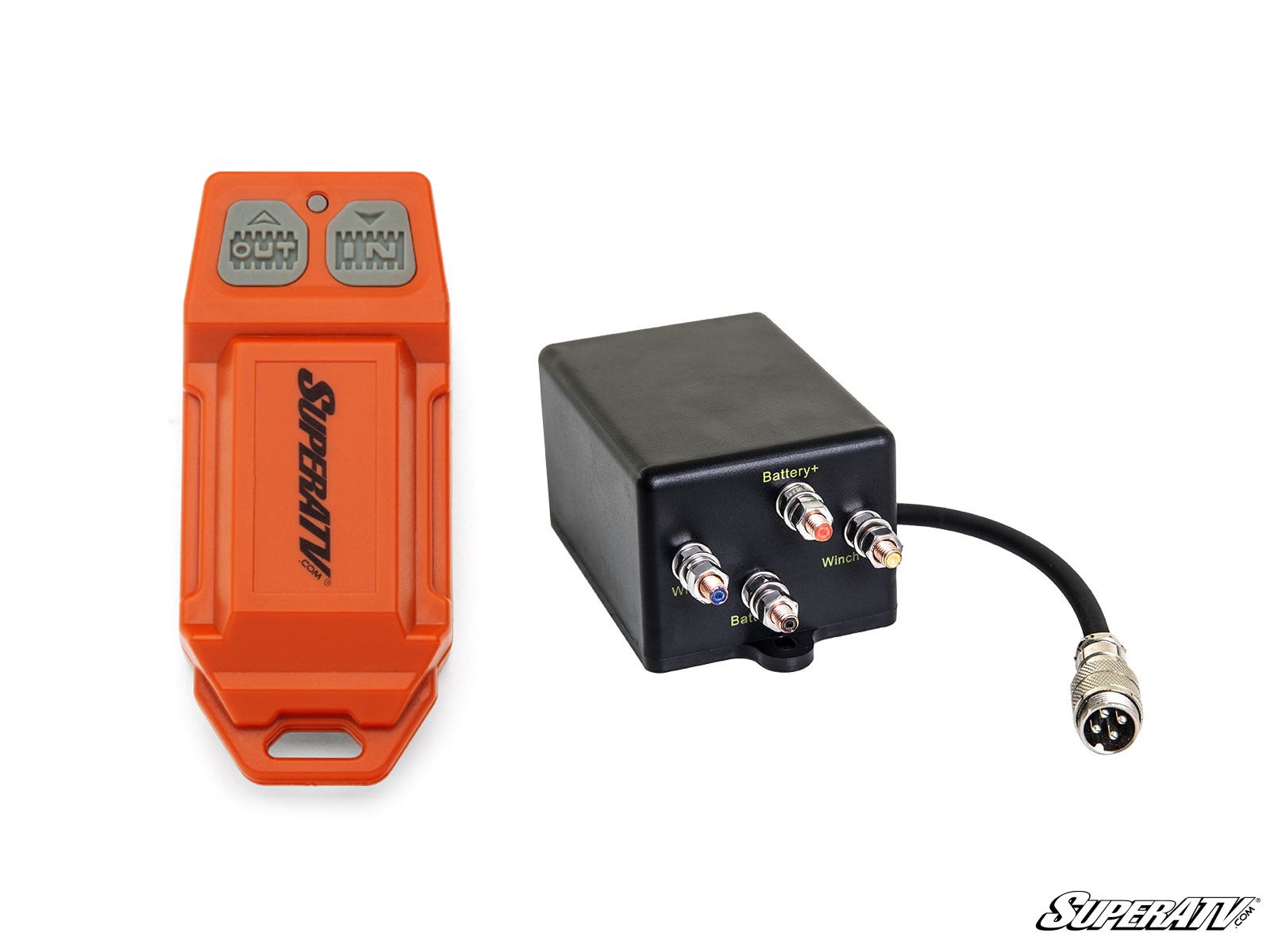 The Black Ops Winch Solenoid and Wireless Remote Kit features a bright orange remote with gray WINCH IN/OUT buttons beside a black receiver box with labeled terminals and cable, both bearing the SuperATV logo in the bottom right corner.