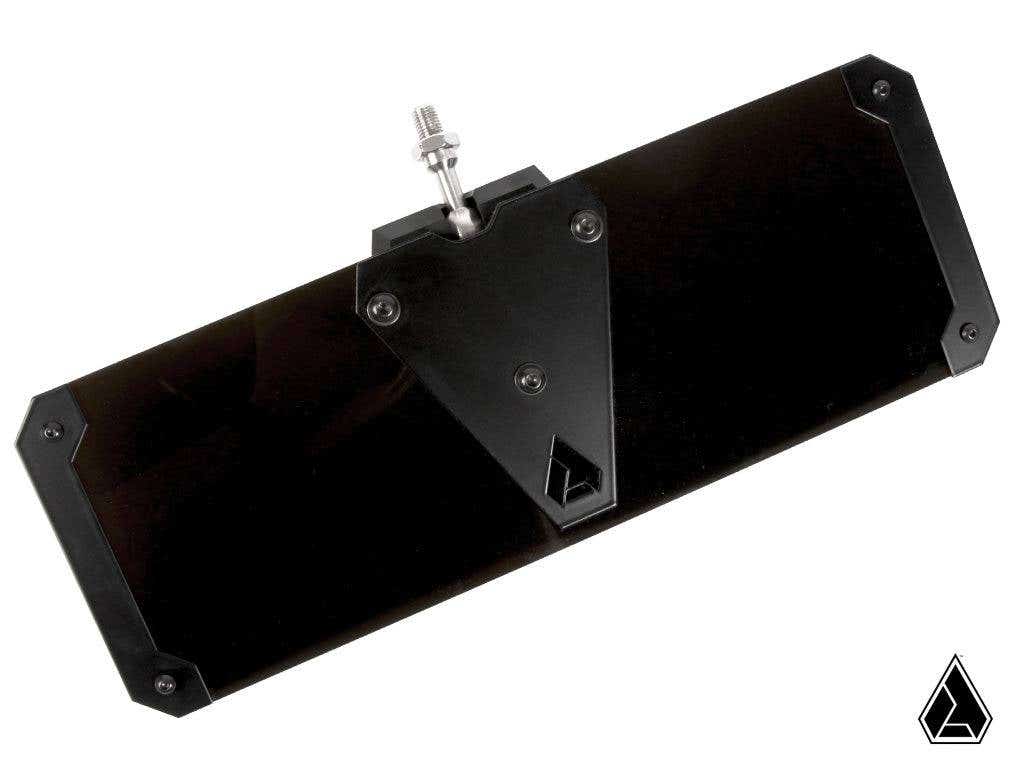 The Assault Industries Ghost Tinted Sun Visors (Set of 2) are black, rectangular metal visors with beveled edges and a central triangular mounting bracket featuring a bolt, screw at the top, and a small triangular logo. Background is plain white.