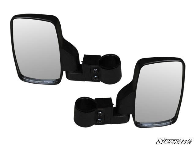 Two Yamaha Side View Mirrors with black plastic frames and mounting brackets are shown. The brackets feature circular clamps and screws. The mirrors are diagonally positioned, with the SuperATV logo in the bottom right corner.