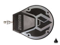 The Assault Industries Sidewinder Convex Side Mirror is a black and silver metallic, teardrop-shaped mirror with ASSAULT engraved on the left, angular geometric patterns, a bolted side connector, and a triangular logo in the bottom right. White background