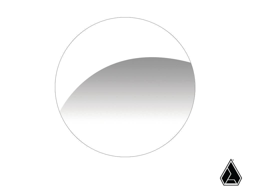 A white circle with a curved gray gradient, like a shadow or wave, sits on a white background. In the lower right is the black drop-shaped Assault Industries logo. Image depicts the Sidewinder Mirror Convex Glass Replacement.
