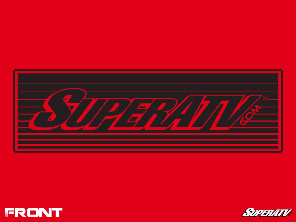 The SuperATV Red Banded Logo Hoodie features a rectangular black and red SuperATV logo on bright red, with SuperATV.com in bold italic text across black lines. “FRONT” and small white SuperATV logos appear in the bottom corners.