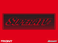 The SuperATV Red Banded Logo Hoodie features a rectangular black and red SuperATV logo on bright red, with SuperATV.com in bold italic text across black lines. “FRONT” and small white SuperATV logos appear in the bottom corners.