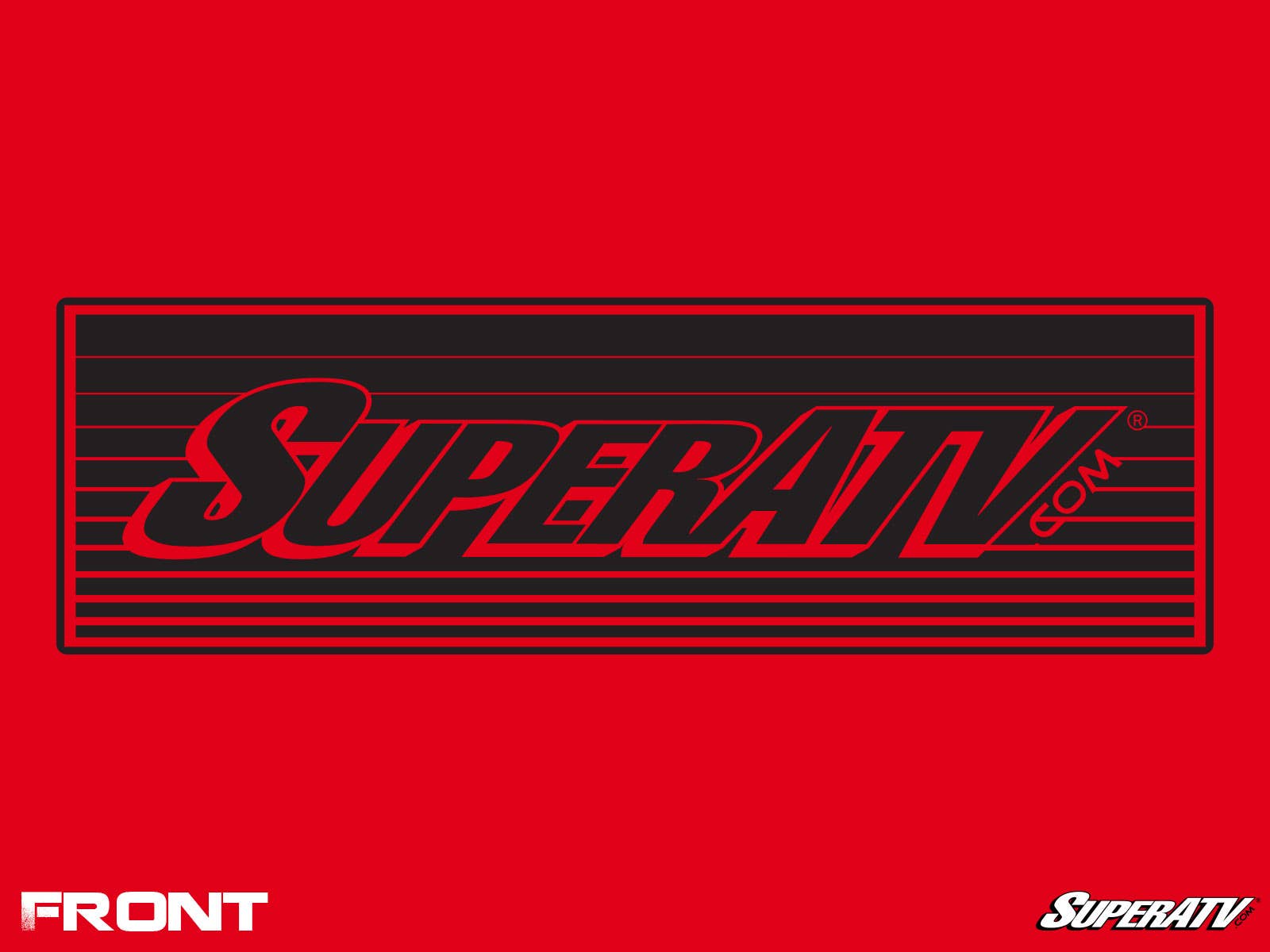 The SuperATV Red Banded Logo Hoodie features a rectangular black and red SuperATV logo on bright red, with SuperATV.com in bold italic text across black lines. “FRONT” and small white SuperATV logos appear in the bottom corners.
