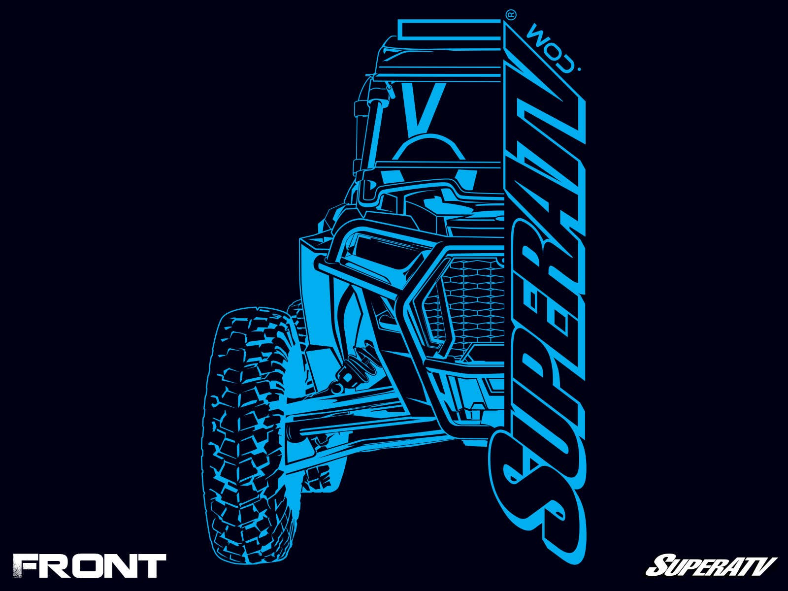 The SuperATV Navy UTV Front End Hoodie features a stylized blue off-road vehicle at an angle, large vertical SUPERATV.COM text, and FRONT and SuperATV in the bottom corners on a dark background.