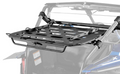 The Honda Talon 1000 Cargo Rack Alpha, a rugged black metal rack with holes and raised edges, is mounted to the rear roll cage of a blue off-road vehicle and angled outward to securely hold gear or equipment.