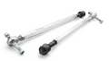 The Honda Talon 1000 Rack Boss 2.0 Billet Aluminum Hex Tie Rod Kit includes two silver adjustable hex tie rods with ball joints and threaded ends, displayed diagonally on a white background. Each rod has a spherical joint and a black cylindrical end attac