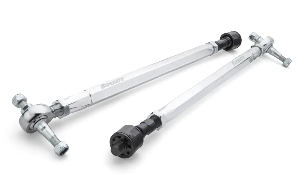 The Honda Talon 1000 Rack Boss 2.0 Billet Aluminum Hex Tie Rod Kit includes two silver adjustable hex tie rods with ball joints and threaded ends, displayed diagonally on a white background. Each rod has a spherical joint and a black cylindrical end attac