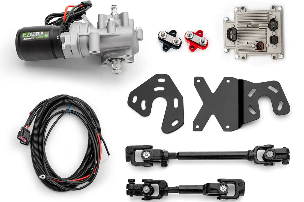 The Honda Talon 1000 EZ-Steer Series 6 Power Steering Kit is shown on a white background, featuring a motorized unit, wiring harness, metal brackets, two steering linkage rods, a control module, and red, blue, and black connectors.