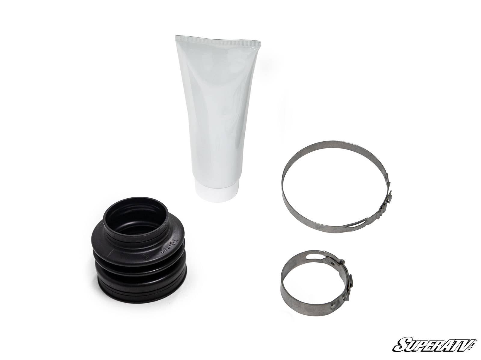 The Rhino Driveline C-Series Prop Shaft Replacement Boot Kit is displayed on a white background, featuring a black rubber boot, a white tube of grease, and two silver clamps. The SuperATV logo appears in the bottom right corner.