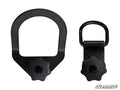 Polaris Sportsman Latch and Go Tie Downs are pictured side by side on a white background. Each black metal anchor features a large loop at the top and a screw knob at the bottom; one is wider and angular, the other narrower and rounder.