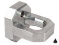 The image shows an Assault Industries Bold Bull Billet Tow Hook for Polaris UTVs—a machined metal part with a rectangular base, arched open hook, drilled hole near the bend, smooth finish, sharp edges, and a white background with a black geometric logo.
