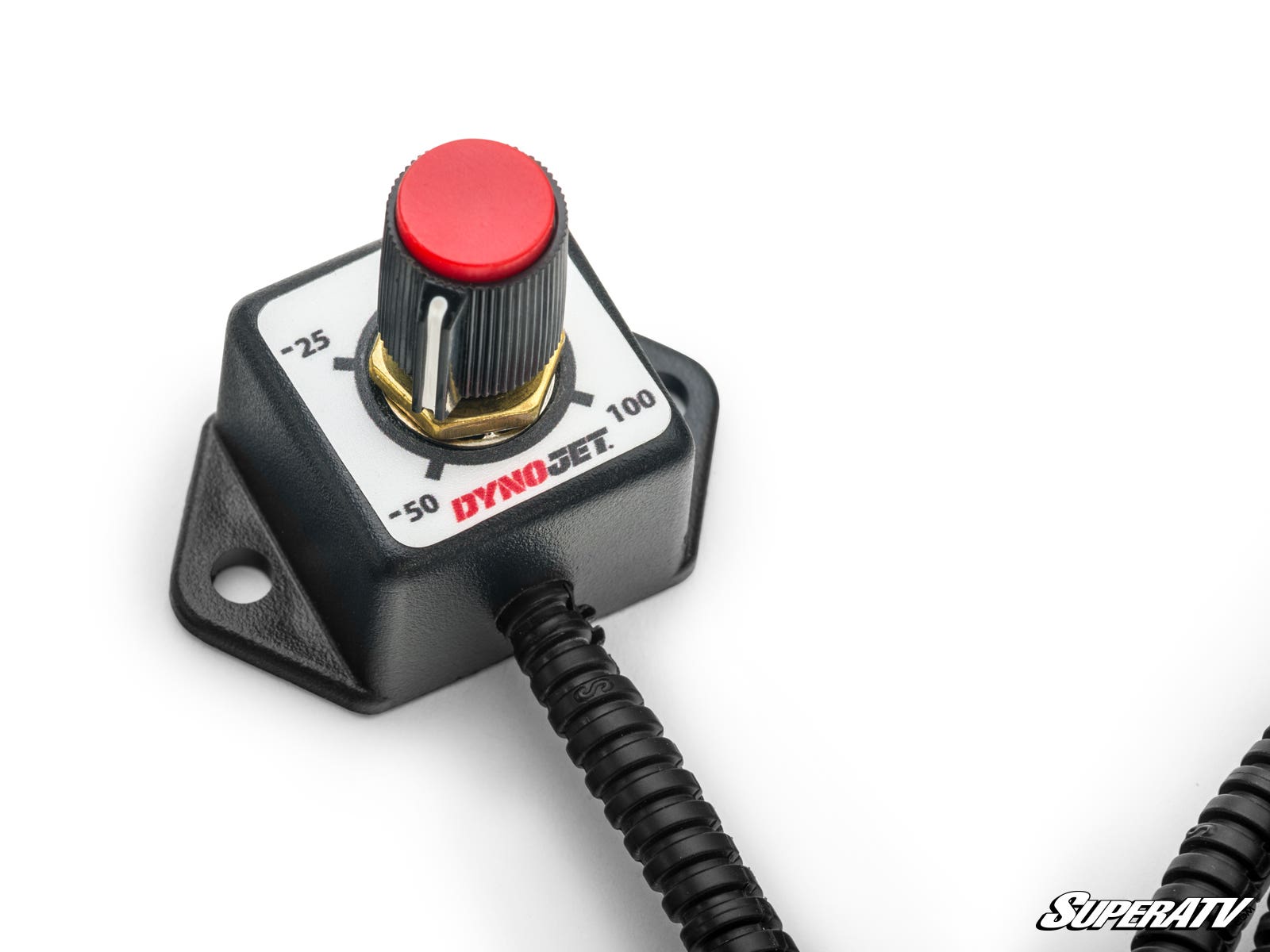 A close-up of the Can-Am UTV Dynojet Throttle Commander shows a red knob marked -50 to 100 on a black base with mounting holes, set near 0. Two coiled wires extend from it, and the SuperATV logo is in the bottom right corner.