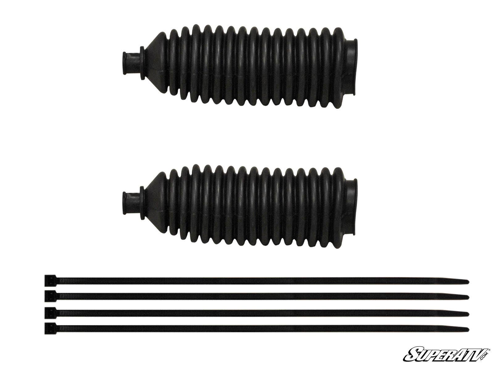 The Up & Running Can-Am Commander Rack & Pinion Replacement Boot Kit includes two black rubber accordion-style boots and four black plastic zip ties, all arranged neatly on a white background with the SuperATV logo in the bottom right corner.