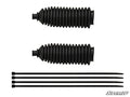 The image displays two black rubber accordion boots and four zip ties for the Up & Running Polaris RZR XP Turbo S Rack & Pinion Replacement Boot Kit, arranged horizontally on a white background with a SuperATV logo at the bottom right.