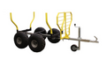 The ATV/UTV Timber Log Trailer IB 1200 features four wheels with large off-road tires, a sturdy metal frame, yellow vertical support bars, a front hitch with hand crank, and a small caster wheel for easy maneuvering and attachment.
