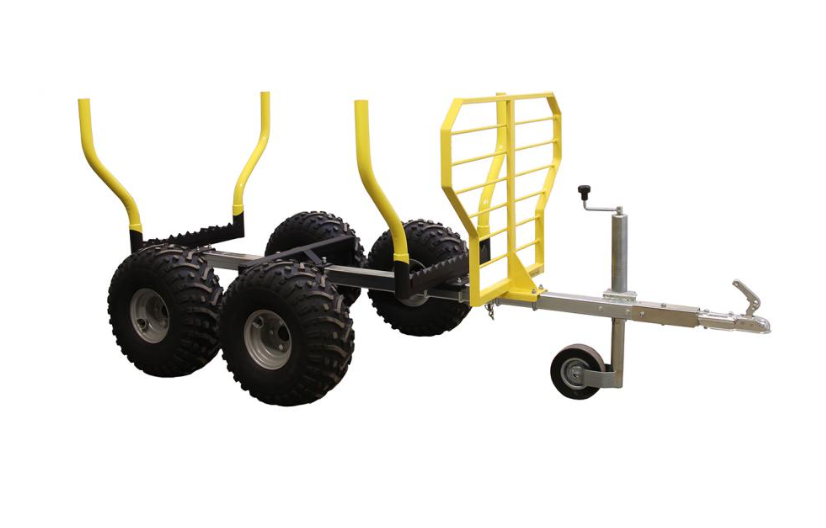 The ATV/UTV Timber Log Trailer IB 1200 features four wheels with large off-road tires, a sturdy metal frame, yellow vertical support bars, a front hitch with hand crank, and a small caster wheel for easy maneuvering and attachment.