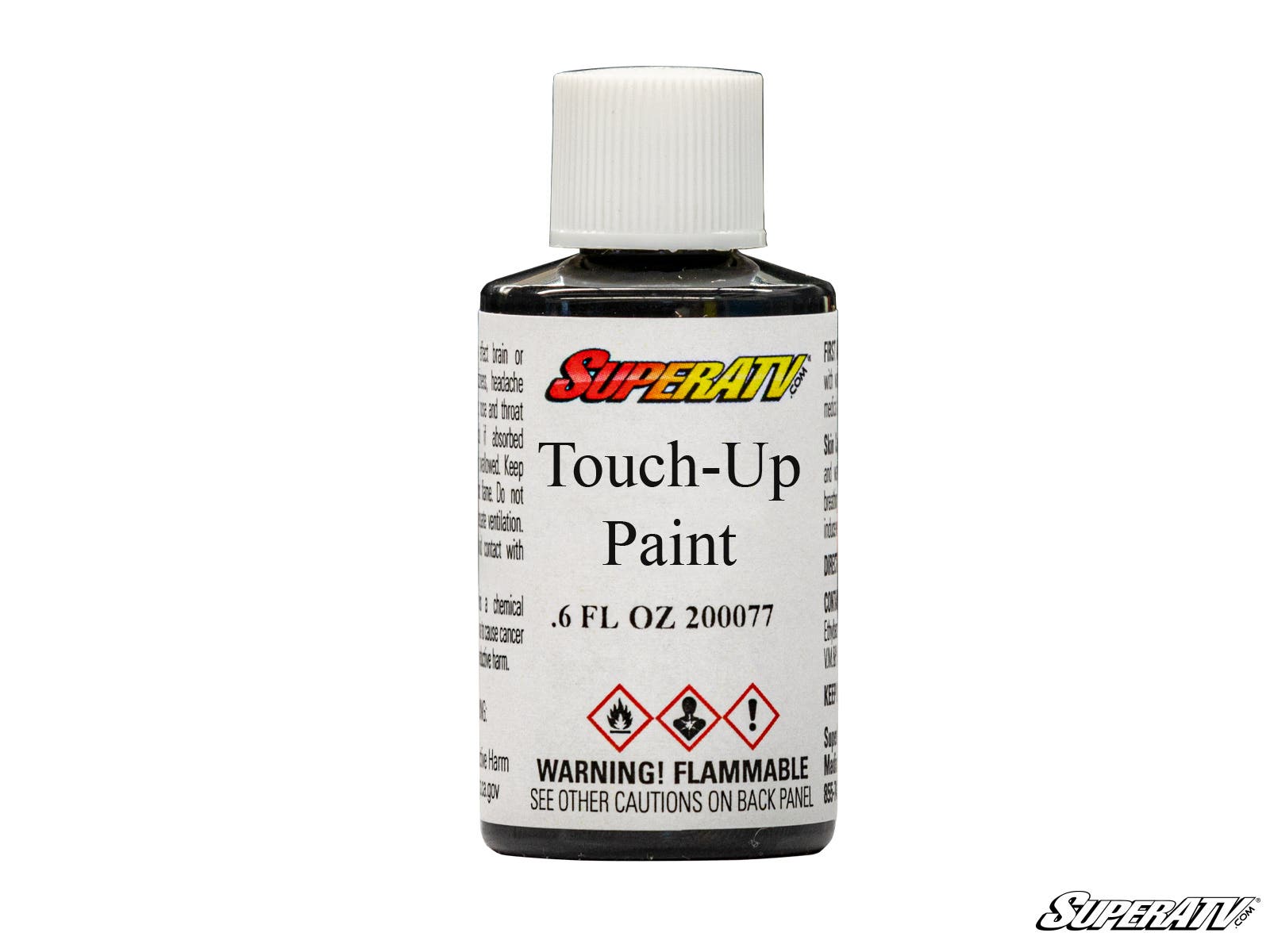 A small bottle of Touch Up Paint with a white cap. The front label shows “Touch Up Paint,” 0.6 FL OZ, flammability and safety warnings, plus the SuperATV logo at the top and bottom right corner.