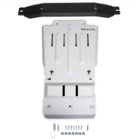 An Aluminum 1/4 Inch Skid Plate for Toyota Tacoma (2015-2022) transmission and transfer case, shown with a black bracket, bolts, washers, and mounting hardware. The plate features multiple cutouts and grooves for fitting.