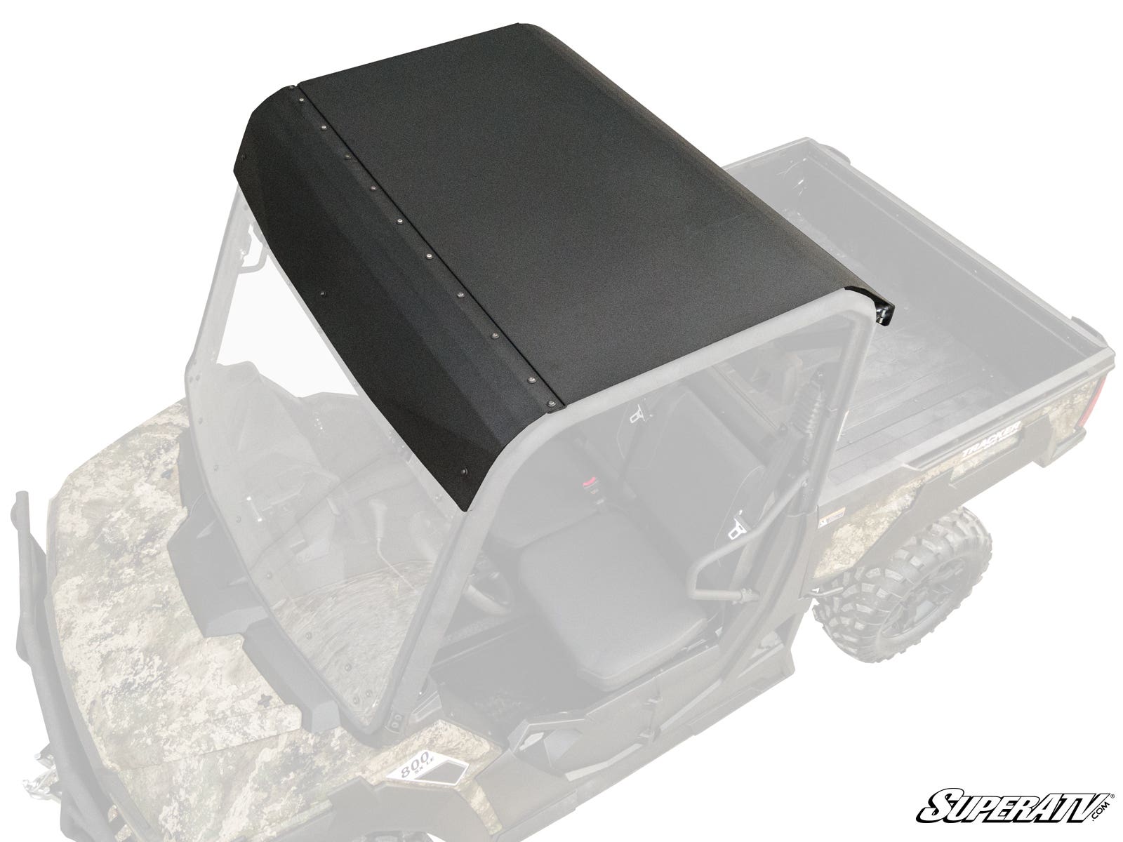 A Tracker 800SX Aluminum Roof is installed on a camouflaged UTV with a cargo bed. The overhead shot highlights the roof and open cabin with bench seats. SuperATV branding appears in the lower right corner.
