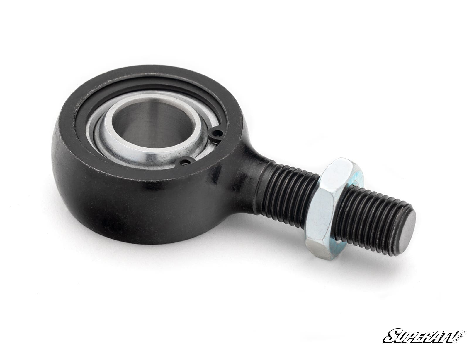 A close-up of the Honda Pioneer 1000 Heavy-Duty Tie Rod End Replacement Kit shows a black rod end bearing with a threaded shaft and silver hex nut on a white surface. The SuperATV logo is in the lower right corner.