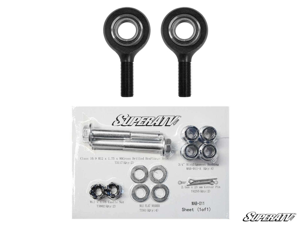 The image shows the Can-Am Maverick X3 Heavy-Duty Tie Rod End Replacement Kit with two black rod ends, bolts, washers, nuts, and bushings arranged on a labeled SuperATV sheet with the logo at the top center and bottom right.