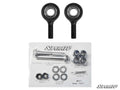 The image shows the Can-Am Maverick X3 Heavy-Duty Tie Rod End Replacement Kit with two black rod ends, bolts, washers, nuts, and bushings arranged on a labeled SuperATV sheet with the logo at the top center and bottom right.