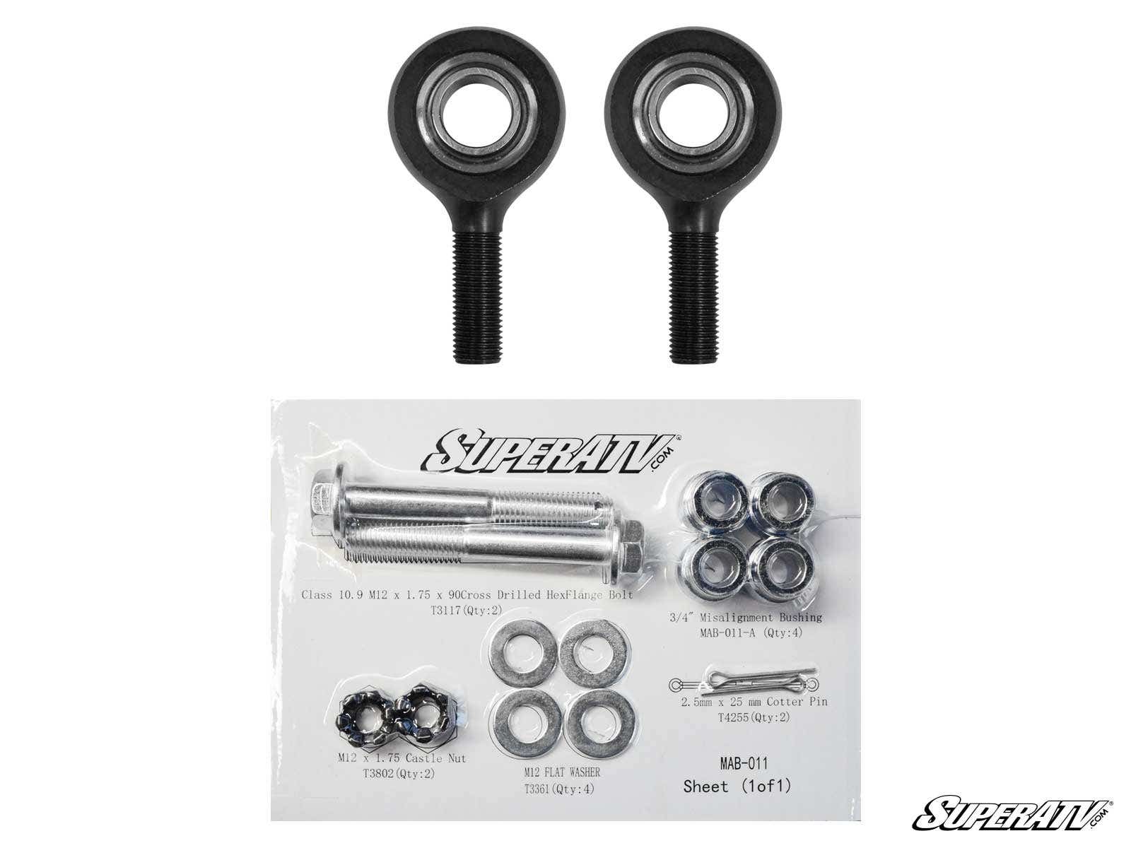 The image shows the Can-Am Maverick X3 Heavy-Duty Tie Rod End Replacement Kit with two black rod ends, bolts, washers, nuts, and bushings arranged on a labeled SuperATV sheet with the logo at the top center and bottom right.