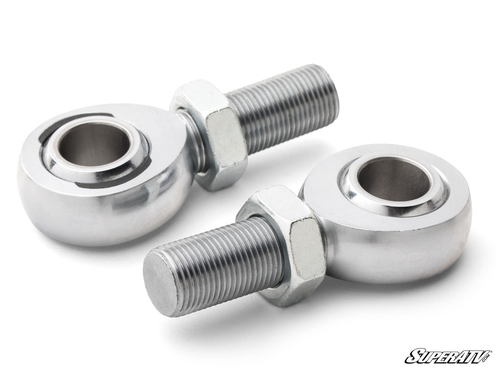 Two Heim Joint 3/4 parts with hexagonal nuts, featuring threaded shafts and circular eyes for mounting, are displayed on a white background. Both side and front views are shown, with the “SuperATV” logo in the bottom right corner.