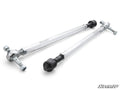 Two Can-Am Defender HD5 RackBoss 2.0 Billet Aluminum Hex Tie Rods with black and silver ball joint ends, bolts, and visible hardware lie diagonally on a white background. “SuperATV” branding appears on the rods, with a logo in the bottom right corner.