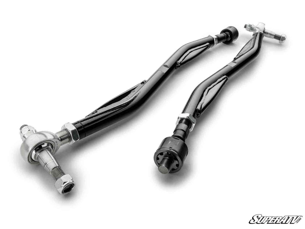 Two black, curved metal tie rods with silver threaded ends and nuts are shown on a white background. These Kawasaki Teryx Z-Bend Tie Rods are designed as a replacement for SuperATV Lift Kits. SuperATV logo appears bottom right.