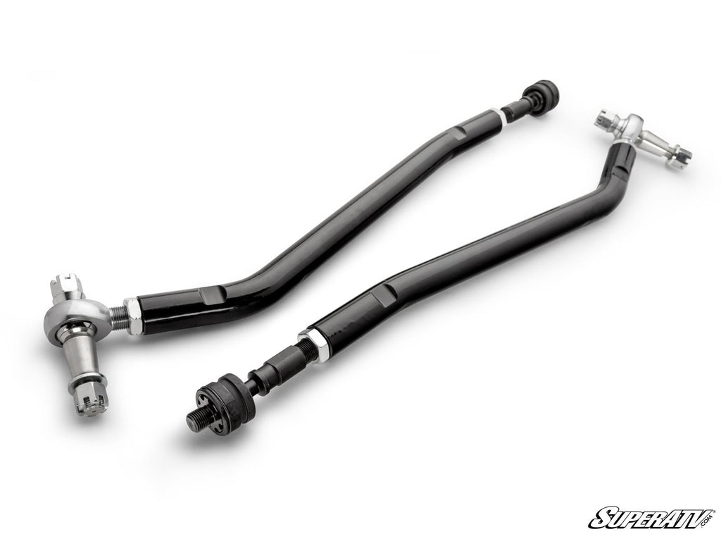 Two black Polaris RZR Turbo R RackBoss 2.0 Steel Bar Tie Rods with silver threaded ends, bolts, and ball joints lie parallel on a white background. Each has angled bends for attachment. The SuperATV logo is in the bottom right corner.