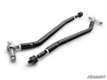 Two black Polaris RZR Turbo R RackBoss 2.0 Steel Bar Tie Rods with silver threaded ends, bolts, and ball joints lie parallel on a white background. Each has angled bends for attachment. The SuperATV logo is in the bottom right corner.