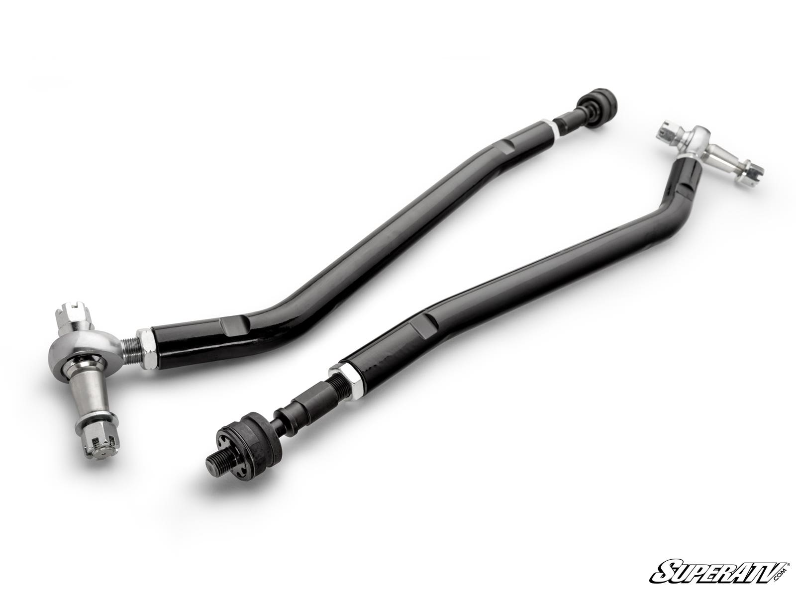 The Polaris RZR Pro S RackBoss 2.0 Steel Bar Tie Rod Kit includes two black steel tie rods with silver ball joints and mounting hardware, displayed diagonally on a white background with the SuperATV logo in the lower right corner.