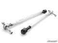 Two Polaris Ranger XP 1000 RackBoss 2.0 Billet Aluminum Hex Tie Rods with threaded ends, ball joints, and black rubber boots are arranged diagonally on a white background. The SuperATV logo is visible in the lower right corner.