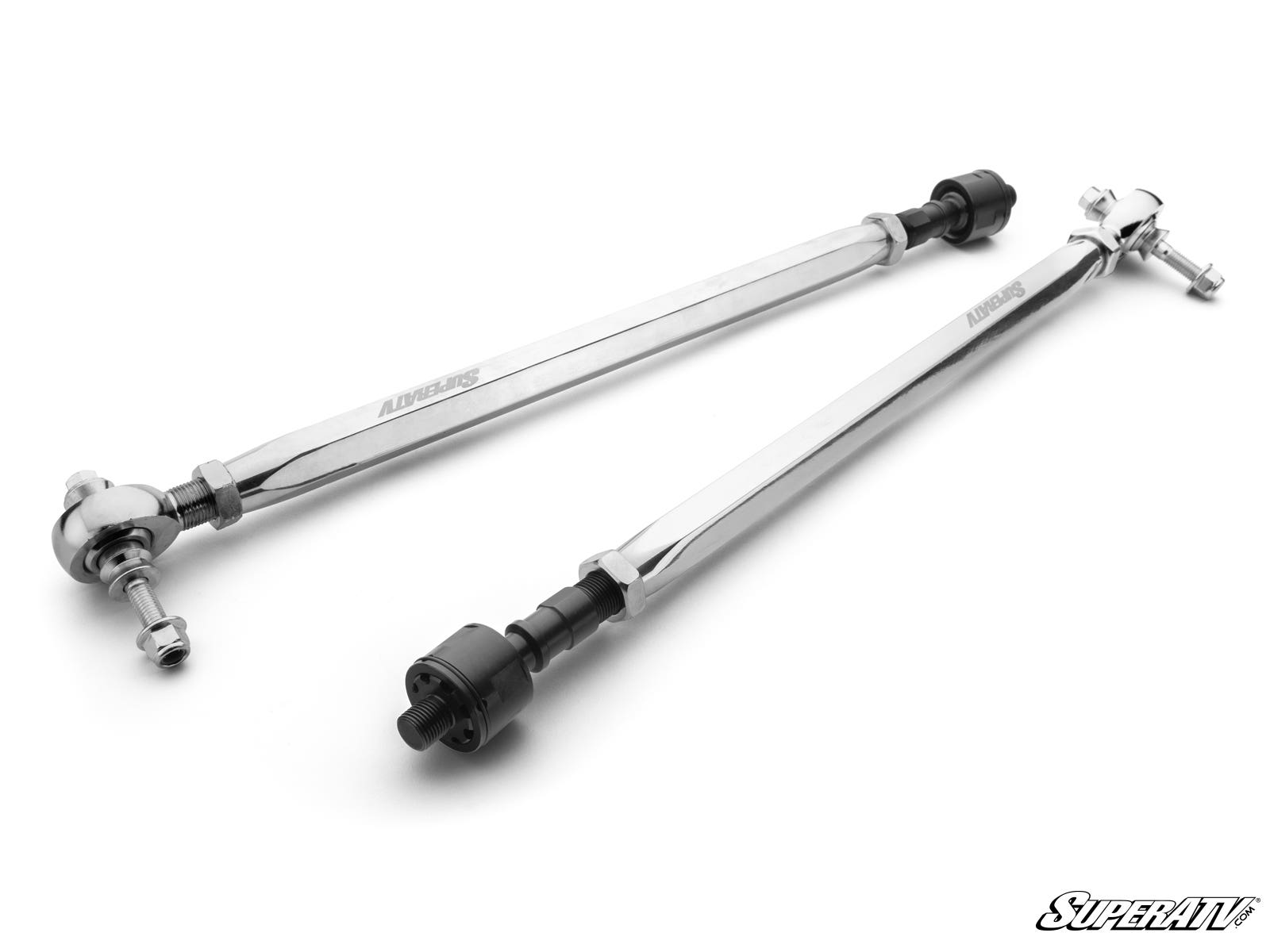 Two angular, sturdy Polaris Ranger XP 900 RackBoss 2.0 Billet Aluminum Hex Tie Rods with adjustable black ball-jointed ends are laid parallel on a white background. The rods are marked ALDERSON and the SuperATV logo appears in the bottom right corner.