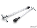 Two Polaris RZR XP 1000 RackBoss 2.0 Billet Hex Tie Rods with threaded ends, black ball joints, and visible bolts and nuts rest on a white surface. SuperATV branding is faintly visible on the rods and in the image corner.