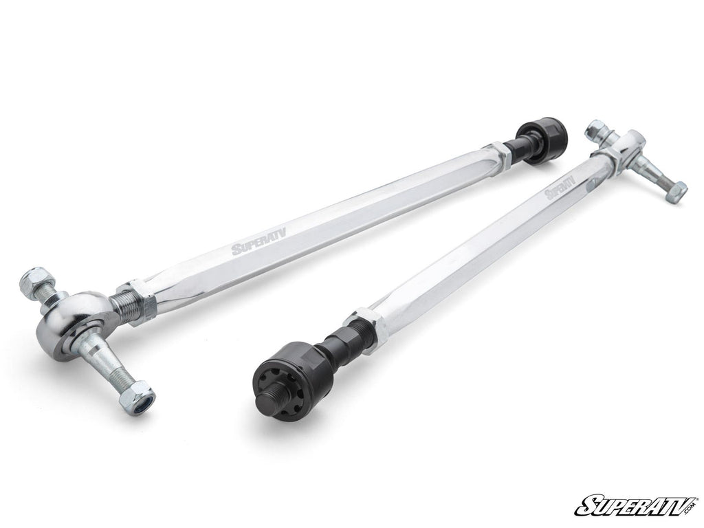 The Polaris RZR XP Turbo RackBoss 2.0 Billet Hex Tie Rod Kit features two silver hexagonal metal tie rods with threaded ends and mounting joints, one with a black adjustment knob, displayed on a white background with the SuperATV logo.