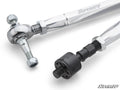Close-up of two metallic parts from the Polaris RZR PRO XP RackBoss 2.0 Billet Aluminum Tie Rod Kit—one features a ball joint and nut, the other a black threaded end—positioned diagonally on a white background with SuperATV branding in two corners.