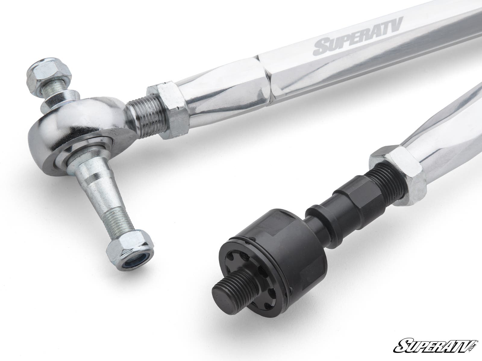Close-up of two metallic parts from the Polaris RZR PRO XP RackBoss 2.0 Billet Aluminum Tie Rod Kit—one features a ball joint and nut, the other a black threaded end—positioned diagonally on a white background with SuperATV branding in two corners.