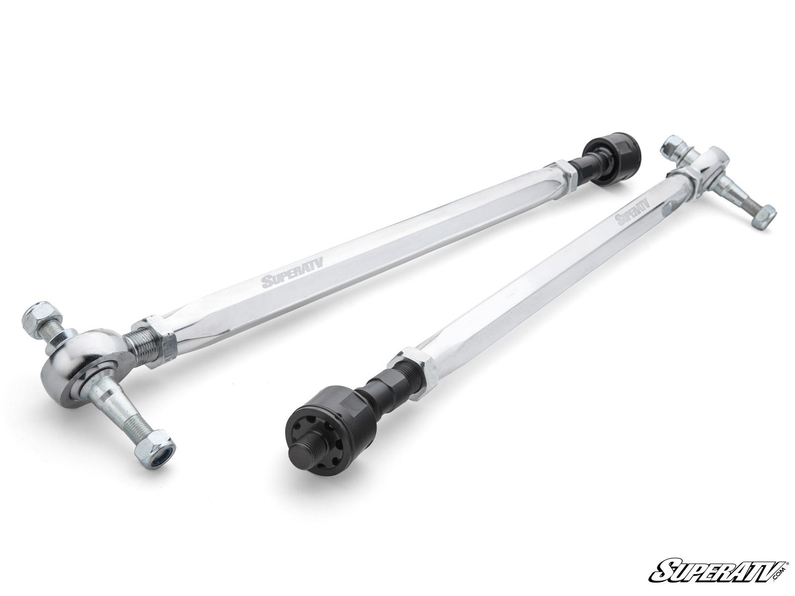 Two Polaris RZR Turbo S RackBoss 2.0 Billet Aluminum Hex Tie Rods with threaded ends, ball joints, and attaching nuts and bolts are laid diagonally on a white surface. The SuperATV logo appears on the rods and in the bottom right corner.