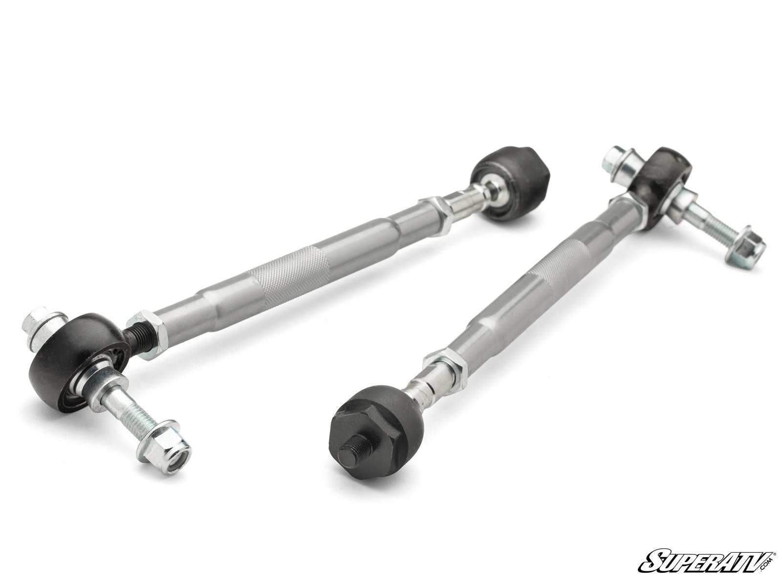 Two Yamaha Wolverine X2/X4 850 Heavy Duty Tie Rods with black ball joints and silver hex adjustment sleeves rest on a white background. Threaded ends have nuts and bolts attached, with a small “SuperATV” logo in the bottom right corner.