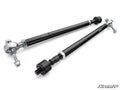 The Polaris RZR 4 900 RackBoss 2.0 Steel Bar Tie Rod Kit includes two black metal adjustable tie rods with threaded ends, silver and black hardware, thick shafts, and hex collars. Displayed diagonally on white with the “SuperATV” logo at the bottom right.