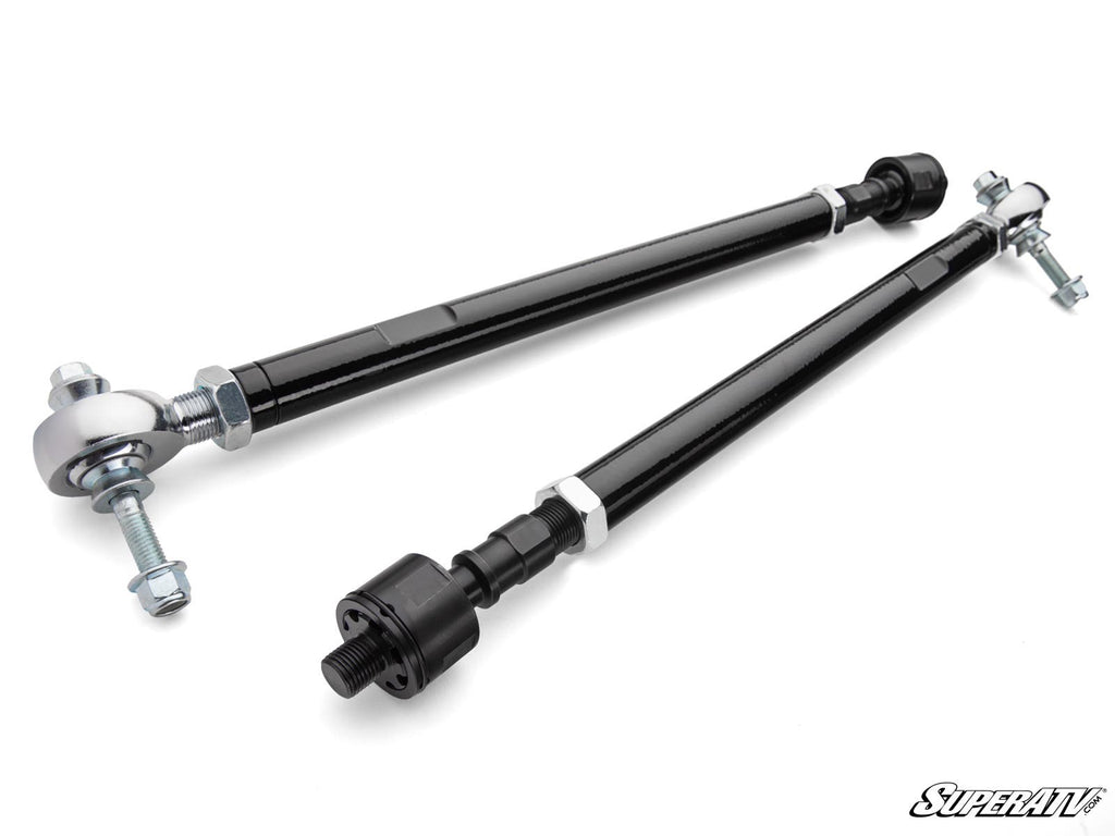Two black steel tie rods from the Polaris RZR XP 1000 RackBoss 2.0 Kit, with silver and black hardware including hex nuts and spherical joints, are displayed parallel on a white background with the “SuperATV” logo in the lower right corner.
