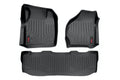 Set of three black, contoured rubber Floor Mats for Ford F-250/F-350 Super Duty Crew Cab (1999-2007): two rectangular front mats with seat cutouts and a long rear mat, all with raised edges, geometric grooves, and red/black brand labels on the corners.