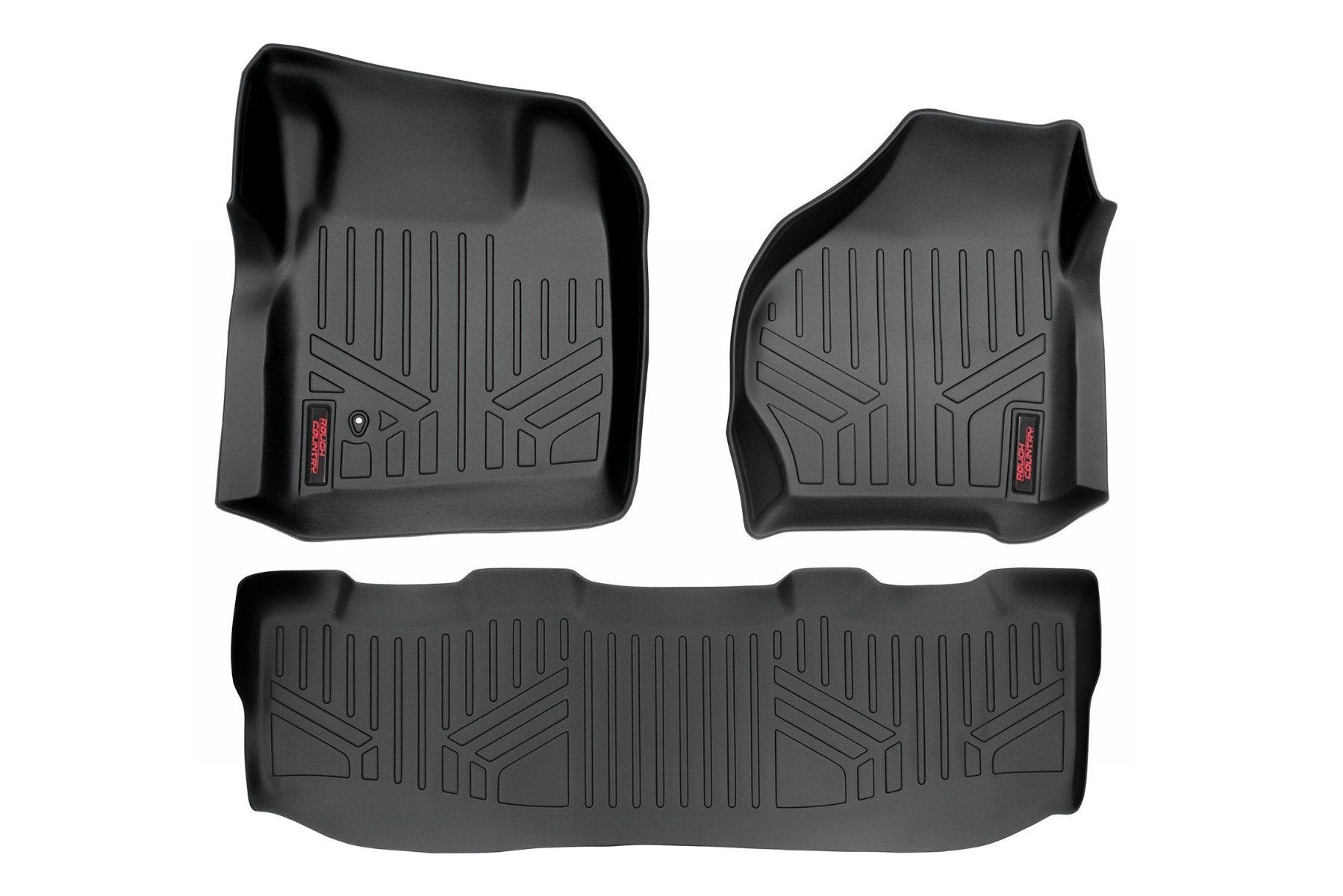 Set of three black, contoured rubber Floor Mats for Ford F-250/F-350 Super Duty Crew Cab (1999-2007): two rectangular front mats with seat cutouts and a long rear mat, all with raised edges, geometric grooves, and red/black brand labels on the corners.